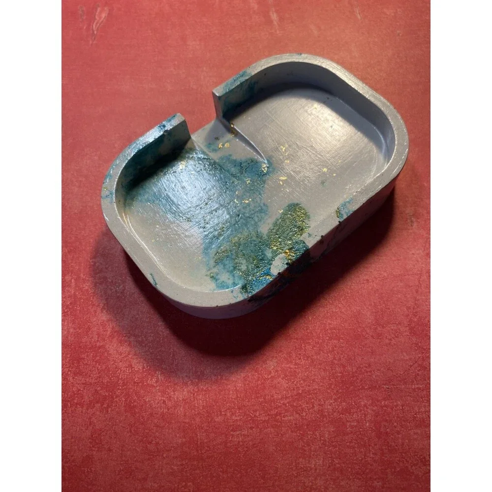 Handmade Soap Dish Cement Bathroom Kitchen Self Draining Teal With Gold